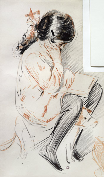 Paulette Reading Sitting on her Toy Dog (coloured pencil on paper) von Paul Cesar Helleu