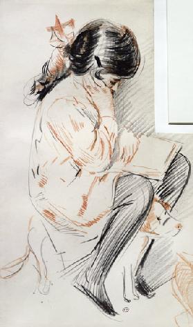 Paulette Reading Sitting on her Toy Dog (coloured pencil on paper)