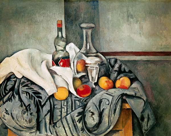 Stillleben mit Pfirsichen und Flaschen von Paul Cézanne