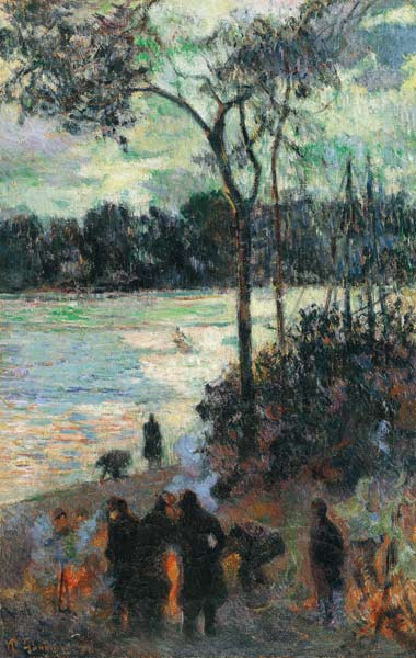 Lagerfeuer am Ufer eines Flusses von Paul Gauguin