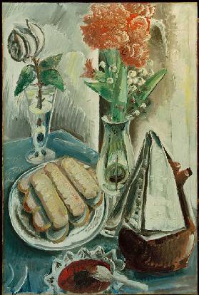 Stilleben mit Kaffeekanne, Blumen und Gebäck 1930