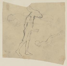 Nick Bottom mit Eselskopf, gehend, einen Arm nach vorn gestreckt, Puck (?) und eine männliche Figur