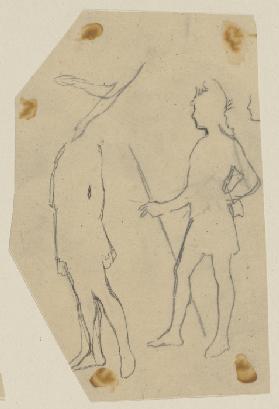 Oberon, in der rechten Hand die Lanze haltend, stehend, nach links, sowie Körper, Arme und Profil de