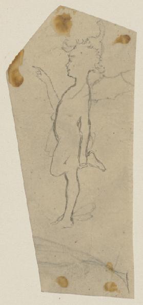 Puck mit Flügeln, Blütenhut und erhobenem Zeigefinger, auf einem Bein stehend