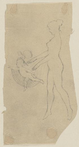 Titania, unbekleidet, mit hochgestecktem Haar und begleitet von einem Elfenkind, schwebend, nach lin