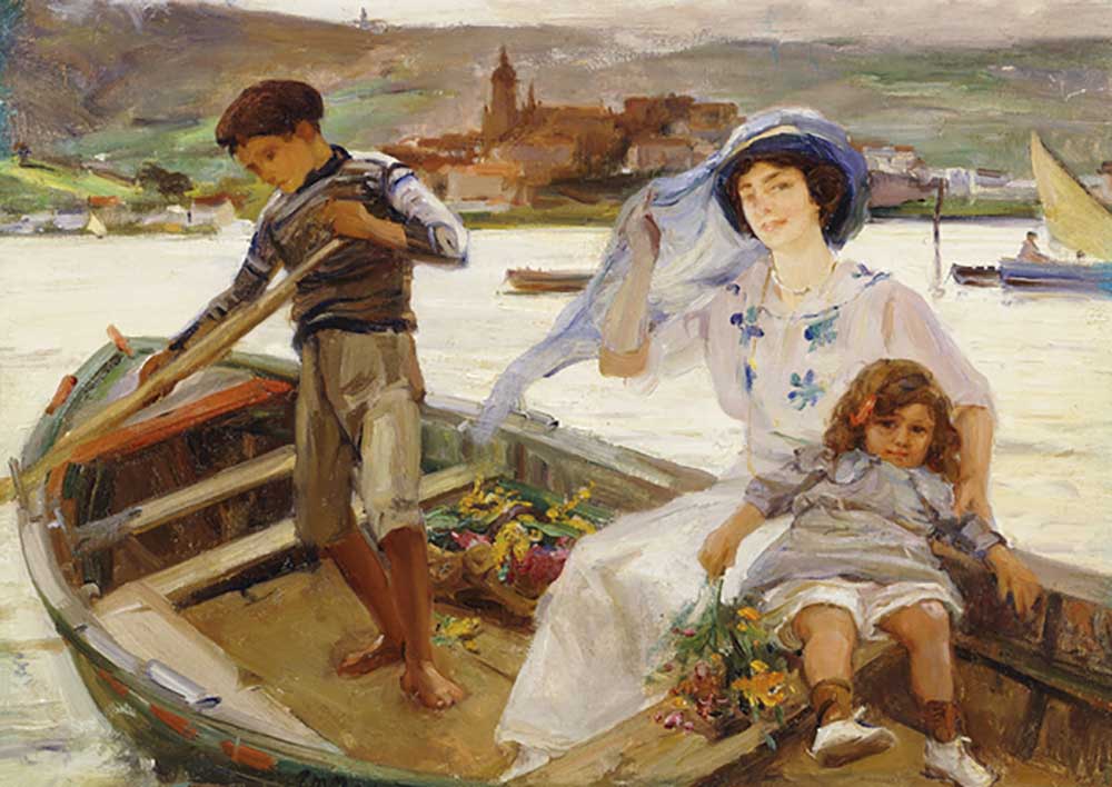 Mutter und Kind werden mit einer Stadt Beyond über einen Fluss gebracht, 1913 von Paul Michel Dupuy