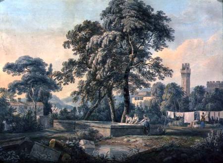 An Italianate Landscape with Women by a Washing Pool von Paul Sandby