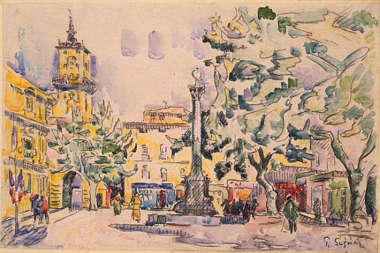 Square of the Hotel de Ville in Aix-en-Provence (pen & ink with w/c and gouache on paper) von Paul Signac