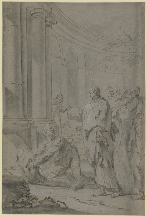 Christus heilt den Lahmen: Christus mit den Jüngern steht in einem Säulenhof, vor ihm erhebt sich de von Paul Troger