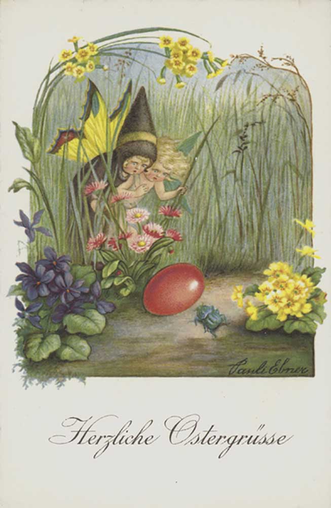 Ostern-Grußkarte, die zwei Feen in einem Frühlingsgarten darstellt. von Pauli Ebner