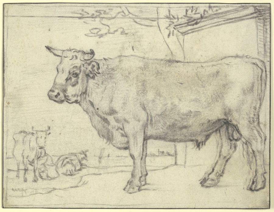 Stier nach links, hinten zwei Kühe und eine Melkerin von Paulus Potter