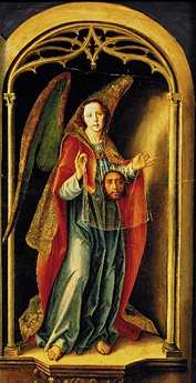 Engel mit dem Schweißtuch Christi. Thomas-Altar im Kloster S.Thomas in Avila/Spanien von Pedro Berruguete