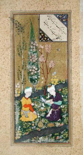 Ms C-860 fol.9a Two Figures Reading and Relaxing in an Orchard c.1540-50