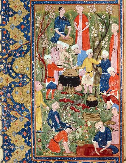 Preparing a meal, illustration from an epic poem Hafiz Shirazi, Safavid