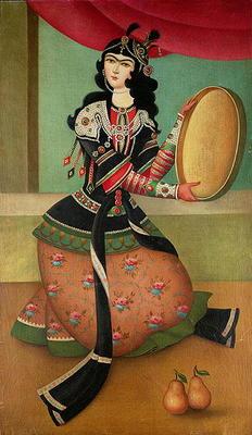 A Dancing Girl with a Tambourine, Qajar school (oil on canvas) 19th