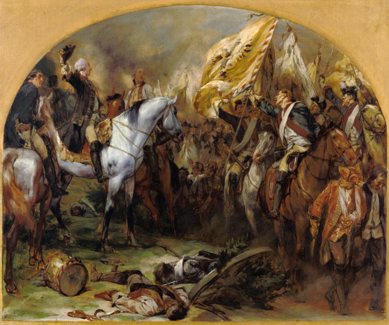 Die Siegesparade der preußischen Truppen vor Friedrich dem Großen nach der Schlacht bei Hohenfriedbe von Peter Janssen