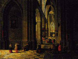 Inneres einer dreischiffigen gotischen Kirche von Peter Neefs d.Ä.