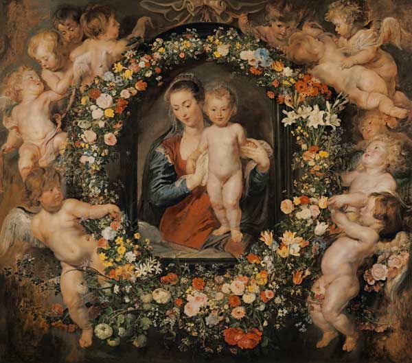 Die Madonna im Blumenkranz. Der Blumenkranz von Jan Brueghel d.Ä. (1568-1625) von Peter Paul Rubens