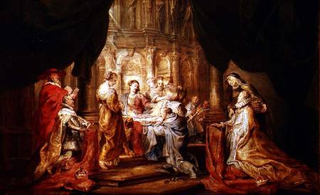 Mary Giving Ildefonso, Archbishop of Toledo the Vestment, with the Arch Duke Albrecht VII and his Pa von Peter Paul Rubens