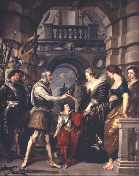 The Medici Cycle: Henri IV (1553-1610) leaving for the war in Germany and bestowing the government o von Peter Paul Rubens