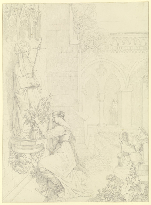Gretchen im Klosterhofe kniend vor der Mater Dolorosa von Peter von Cornelius
