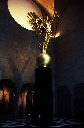 Foyer of the former AT & T Headquarters, with the 'Golden Boy' statue by Evelyn Lonworth representin