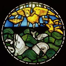 Birds and Fishes, detail from the Creation Window, 1861 (stained glass) (see 120153)