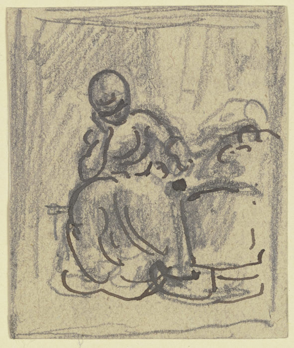 Frau, mit aufgestütztem Kopf an einer Wiege sitzend von Philipp Rumpf