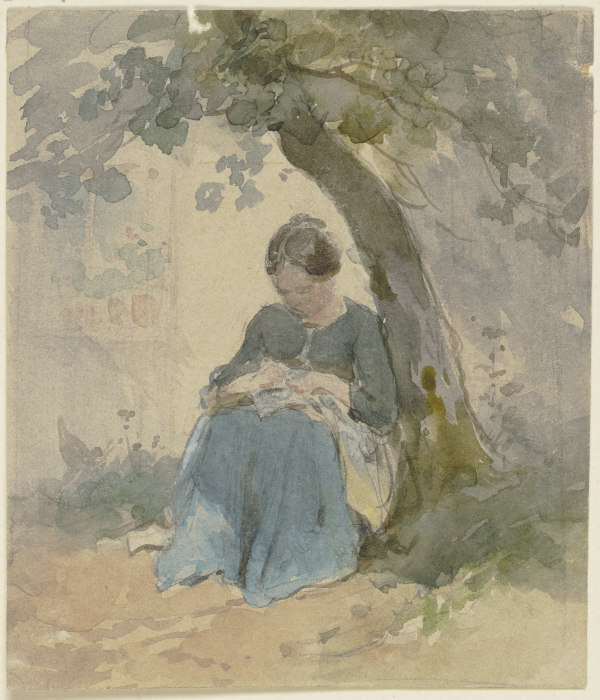 Frau mit Näharbeit unter einem Baum sitzend von Philipp Rumpf