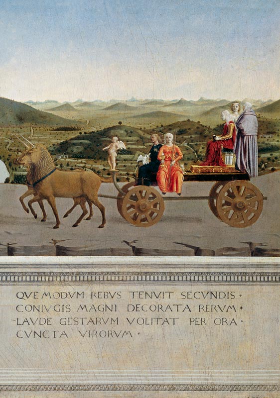 Von zwei Einhörnern gezog. Triumphwagen. Rückseite des Portraits von F.da Montef von Piero della Francesca