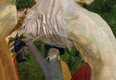 Baptism of Christ, detail of right hand section depicting a man preparing himself for baptism 1450