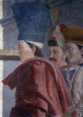 The Legend of the True Cross, the Verification of the True Cross, detail of three male attendants completed