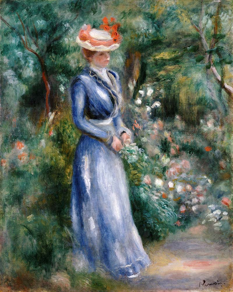 Woman In A  Blue Dress Standing In The Garden At Saint-Cloud von Pierre-Auguste Renoir