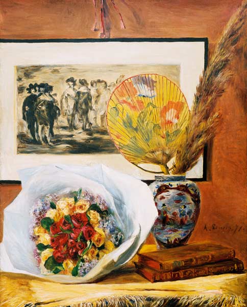 Still life wit.bouquet a.fan/1871 von Pierre-Auguste Renoir