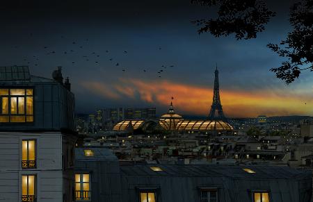 Dächer von Paris zur blauen Stunde