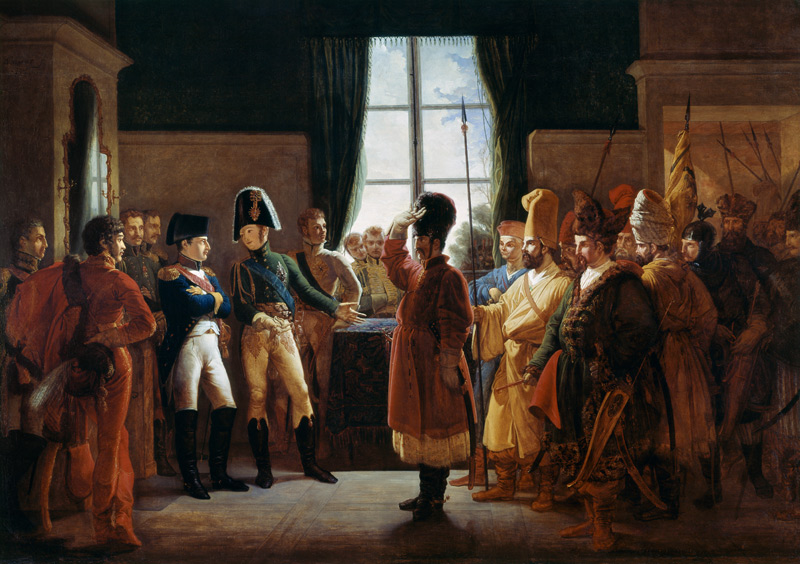 Alexander I. präsentiert Napoleon Kalmücken, Kosaken und Baschkiren der russischen Armee in Tilsit,  von Pierre-Nolasque Bergeret