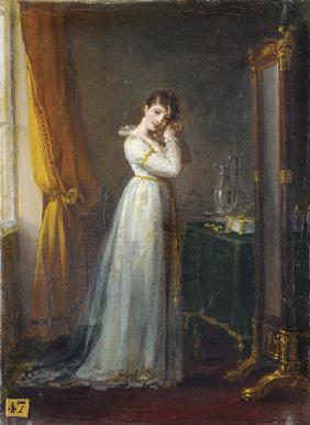 Frau, die Ohrringe anprobiert (Constance Mayer)