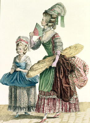 An Elegant Dressmaker Delivering her Work, plate from 'Galeries des Modes et Costumes Francais', eng von Pierre Thomas Le Clerc