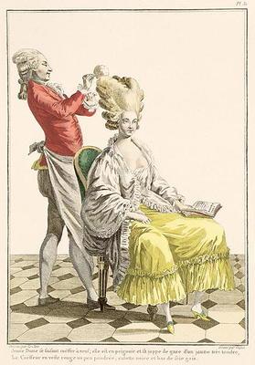 A Young Woman in a Peignoir with her Hairdresser, plate 31 from 'Galerie des Modes et Costumes Franc 16th