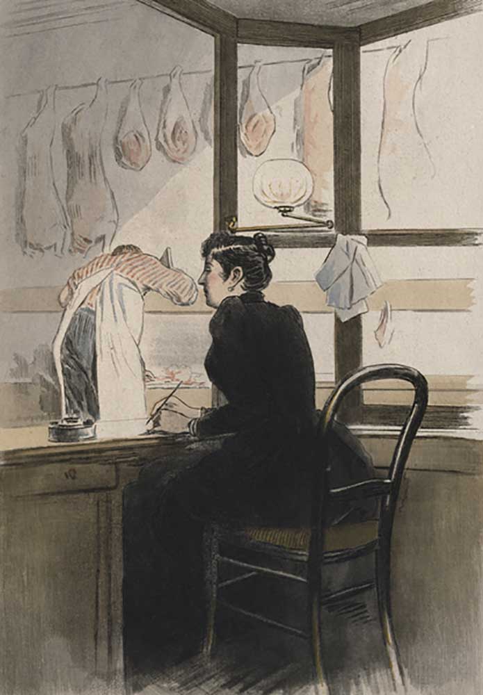 Die Kassiererin beim Metzger, Illustration aus La Femme a Paris von Octave Uzanne (1851-1931) 1894 von Pierre Vidal