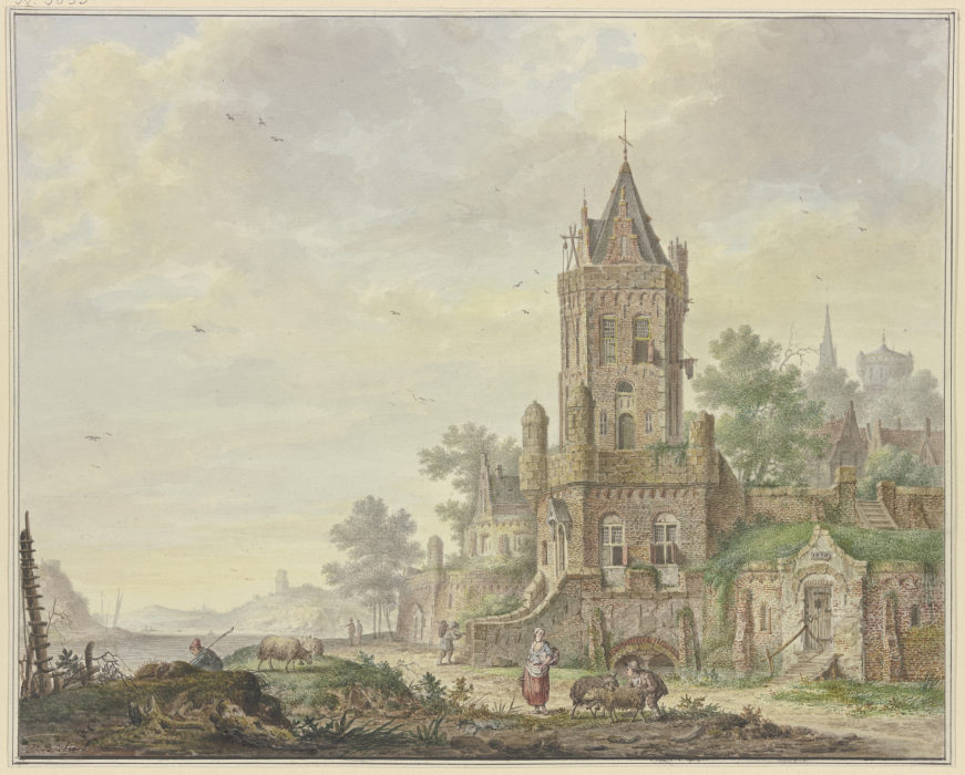 Stadt mit einem alten Turm am Wasser, vorne eine Frau bei einem Knaben mit zwei Schafen von Pieter Bartholomeusz. Barbiers