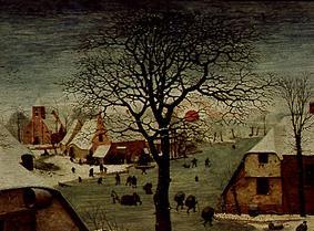 Die Volkszählung zu Bethlehem. Detail links oben (Baumkrone und rote Sonne) von Pieter Brueghel d. Ä.
