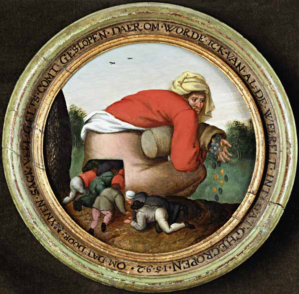 Der Mann mit dem Geldsack und seine Schmeichler von Pieter Brueghel d. J.