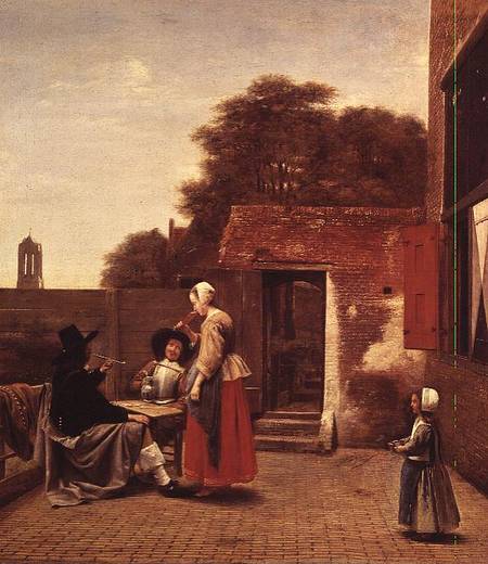 Two Soldiers and a Woman Drinking in a Courtyard von Pieter de Hooch