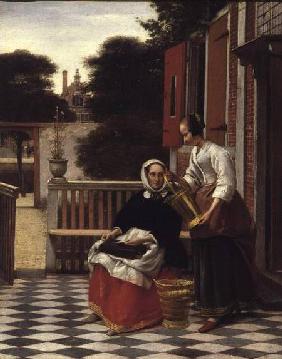 Woman and Maid with a pail in a courtyard