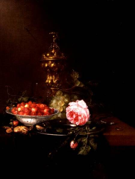 Still Life with a Bowl of Strawberries and a Rose von Pieter de Ring