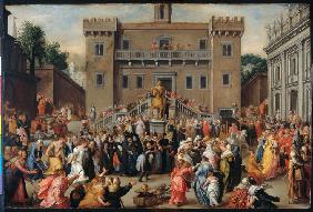 Zorn der römischen Frauen vor dem Kapitol in Rom beim Erscheinen des Jungen Papirius 1604