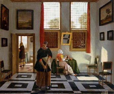 Interieur mit Maler, lesender Dame und kehrender Magd