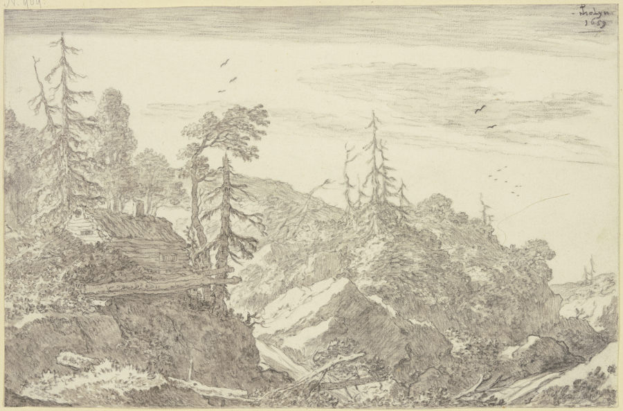 Felsige Gebirgsgegend mit Tannen, links auf einem Felsen ein Holzhaus von Pieter Molyn d. Ä.