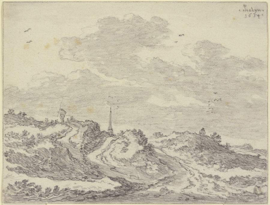 Hügeliges Terrain mit Schafherde und Schäfer, in der Ferne ein Kirchturm von Pieter Molyn d. Ä.